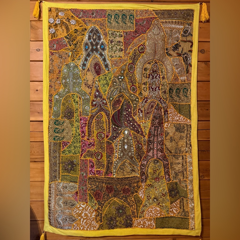Handcrafted Vintage Patchwork Beaded Tapestry Wall Hanging.